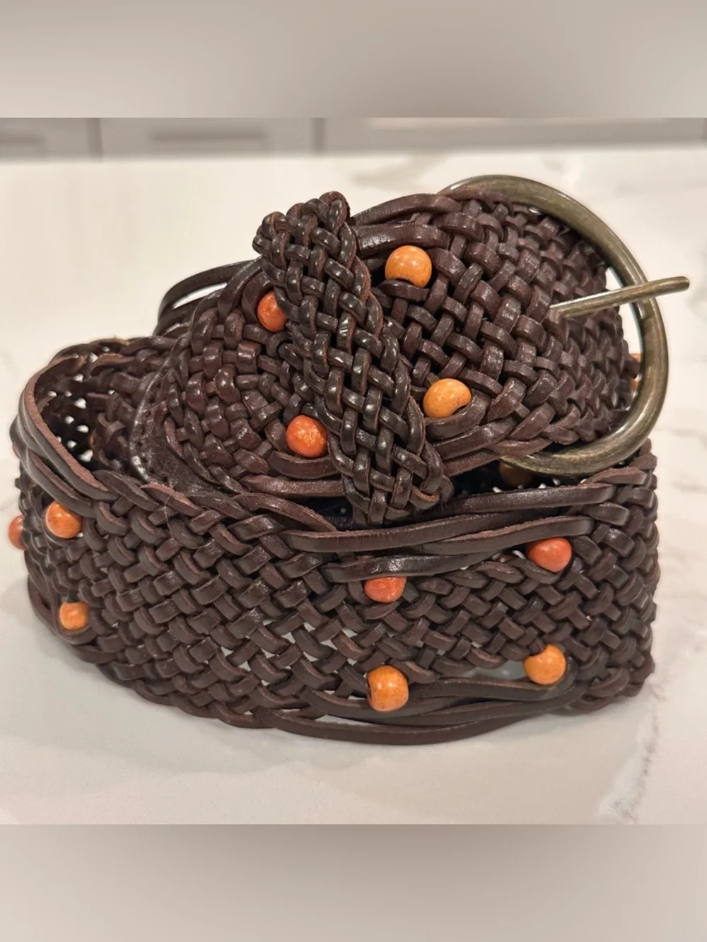 Unbranded Brown Wide Beaded Braided Leather Waist Belt Women M Hippie Boho Woven